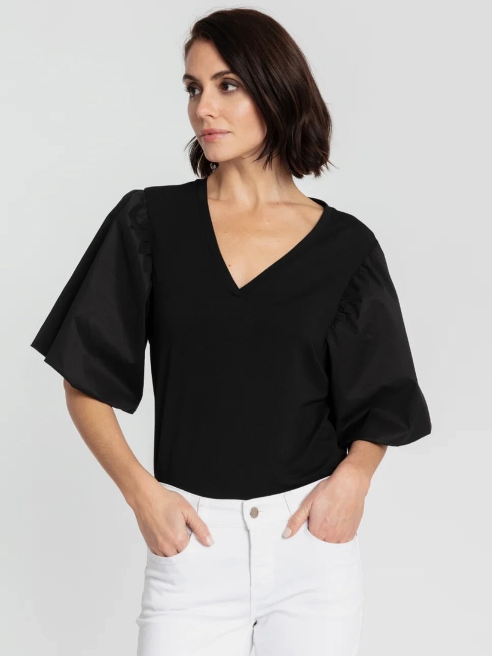 Hinson Wu Elbow Sleeve Kaitlyn Bubble Puff Sleeve Blouse Black Sz M Popover
